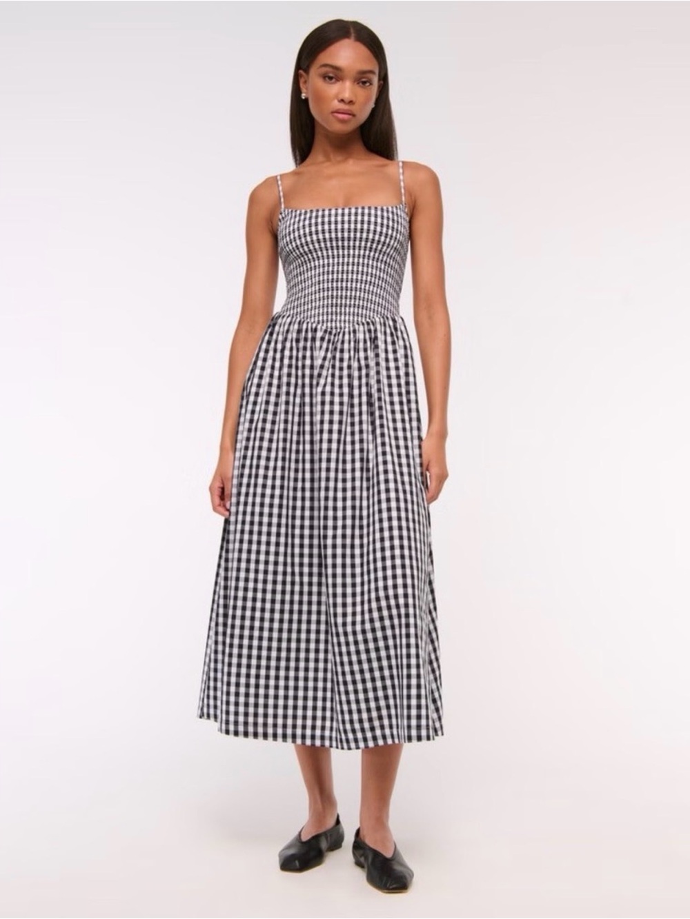Abercrombie & Fitch Dipped-Waist
Smocked Midi Dress Black White Gingham LT